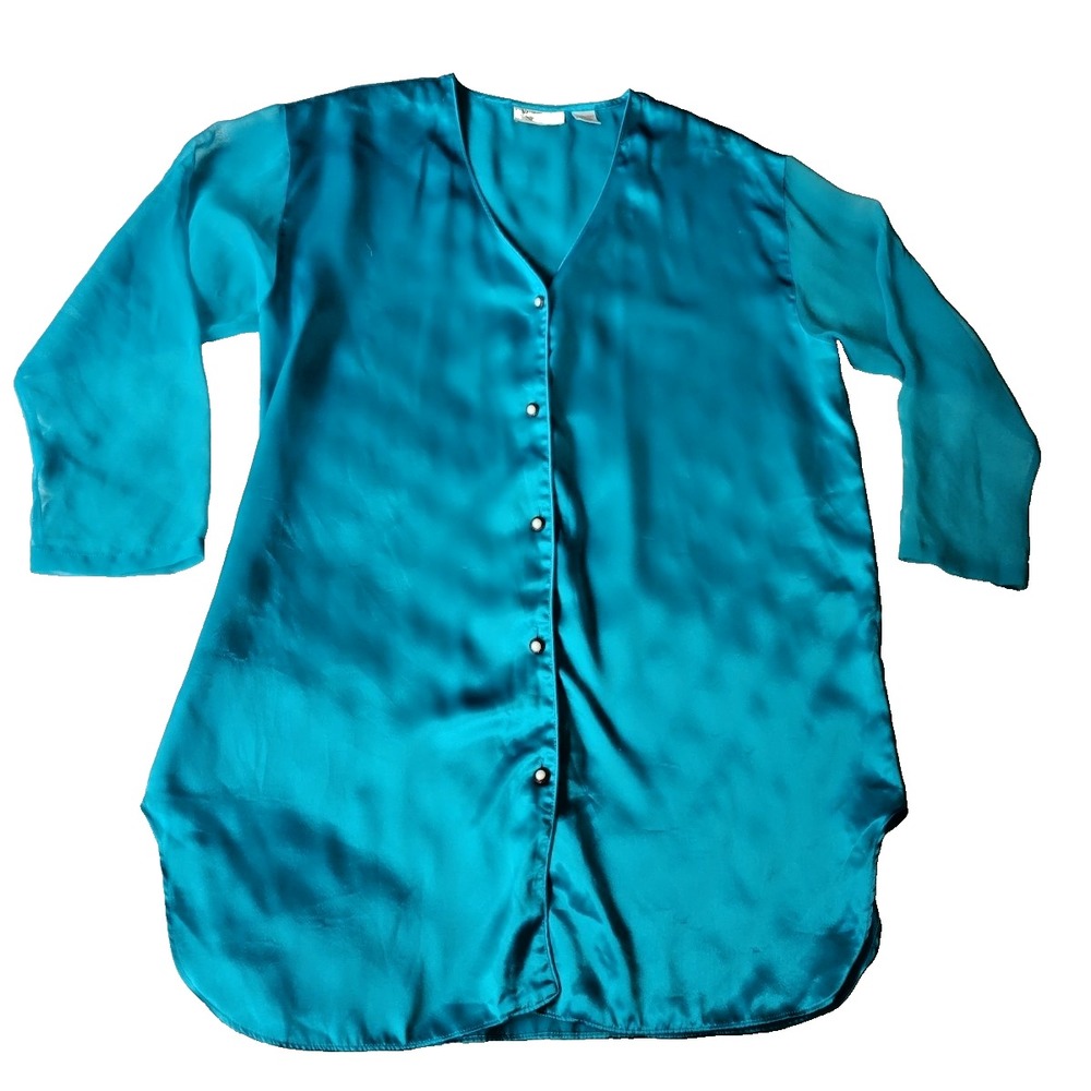 Vtg Victoria's Secret Satin Sleep Shirt Womens M/L Teal Gold Label Pearl Buttons